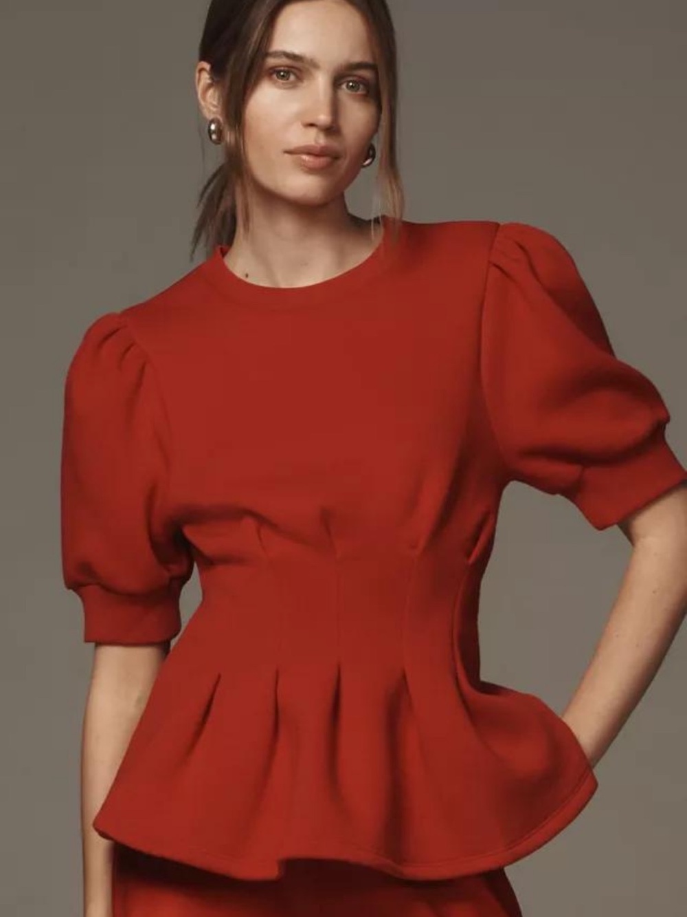NWT Anthropologie Red Puff Sleeve Pleated Waist Peplum Top SZ Small
